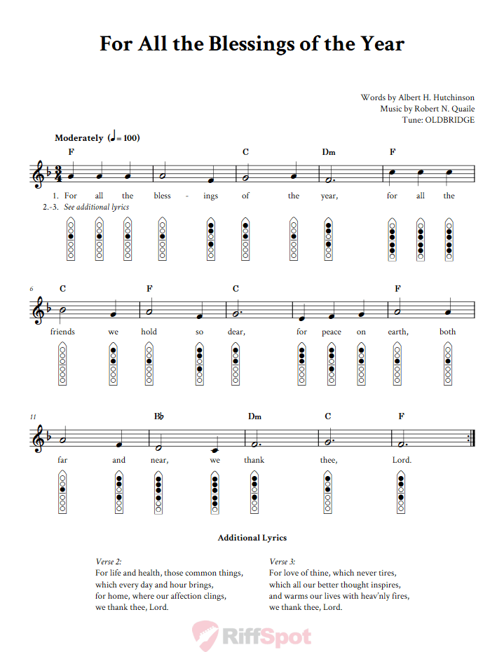 For All the Blessings of the Year 6-Hole Native American Flute Sheet Music and Tab (Fingering Diagrams)