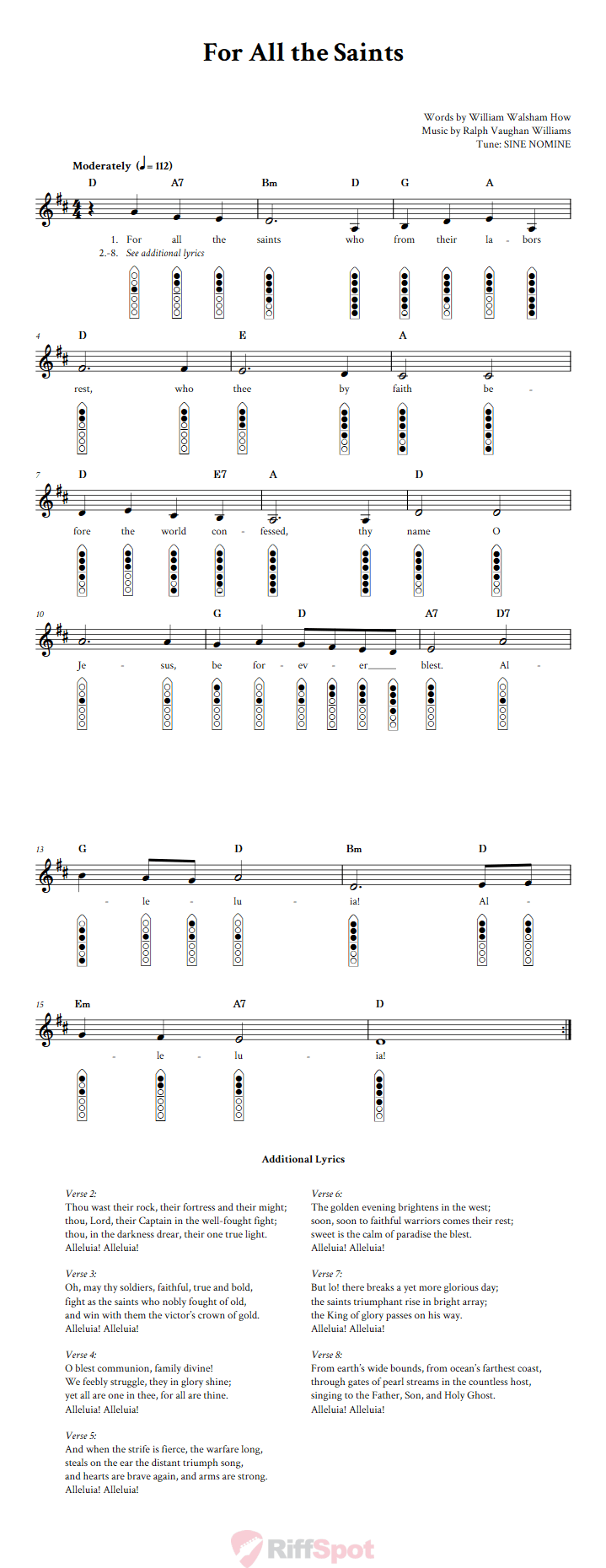 For All the Saints 6-Hole Native American Flute Sheet Music and Tab (Fingering Diagrams)