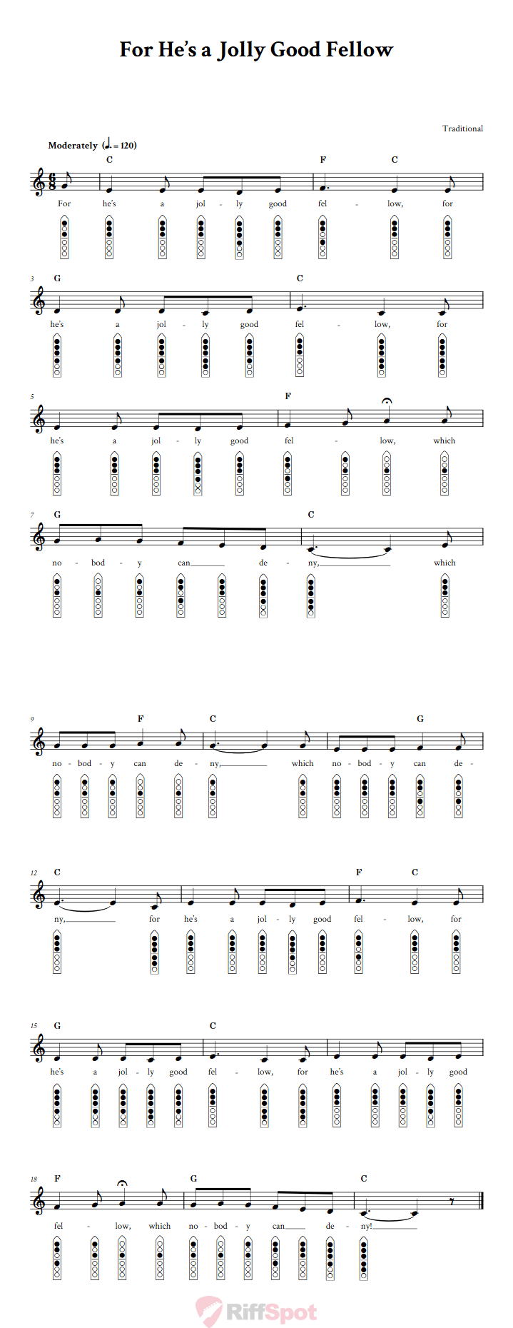 For He's a Jolly Good Fellow 6-Hole Native American Flute Sheet Music and Tab (Fingering Diagrams)