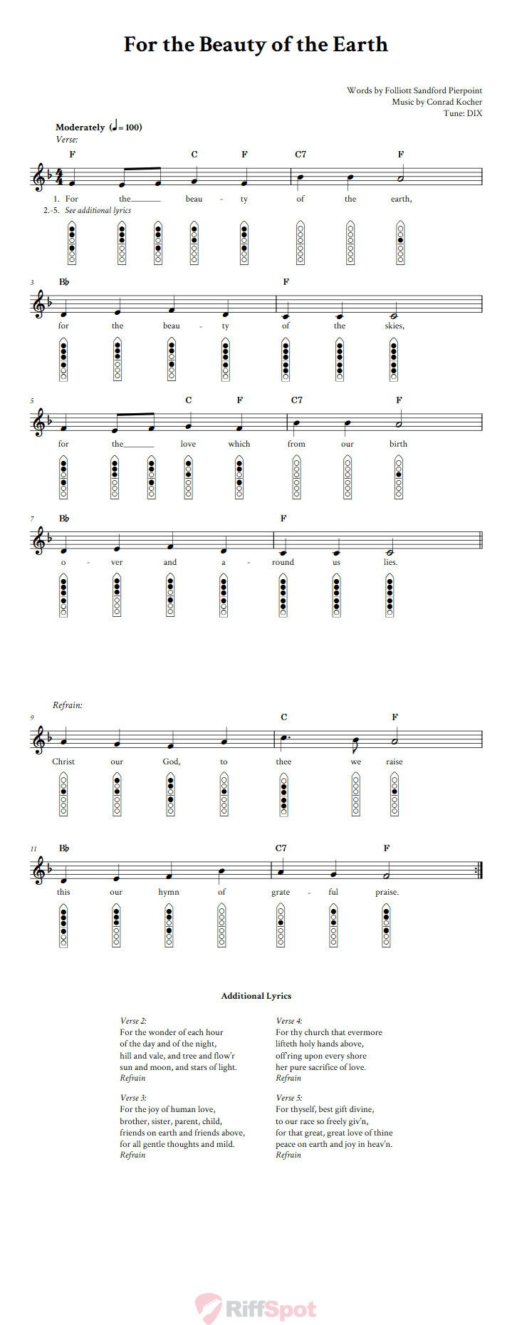 For the Beauty of the Earth 6-Hole Native American Flute Sheet Music and Tab (Fingering Diagrams)
