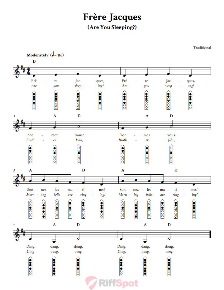 Frère Jacques 6-Hole Native American Flute Sheet Music and Tab (Fingering Diagrams)