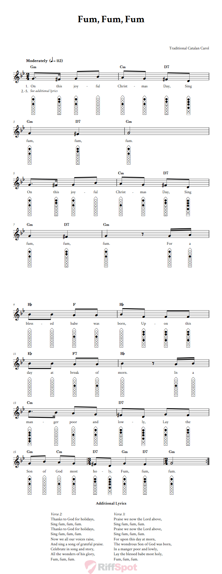 Fum, Fum, Fum 6-Hole Native American Flute Sheet Music and Tab (Fingering Diagrams)