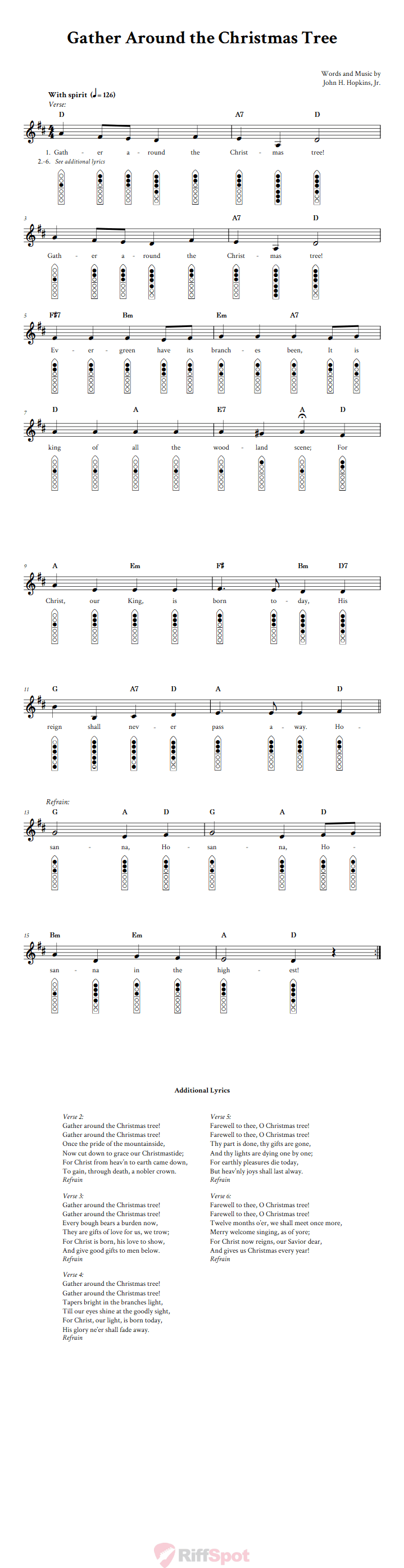 Gather Around the Christmas Tree 6-Hole Native American Flute Sheet Music and Tab (Fingering Diagrams)