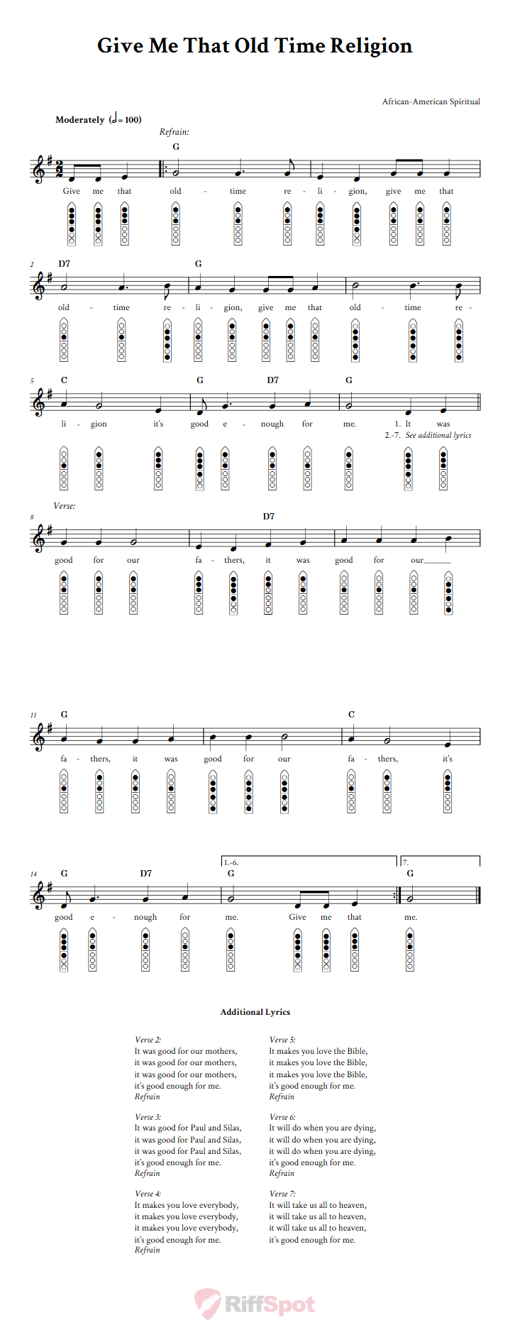 Give Me That Old Time Religion 6-Hole Native American Flute Sheet Music and Tab (Fingering Diagrams)