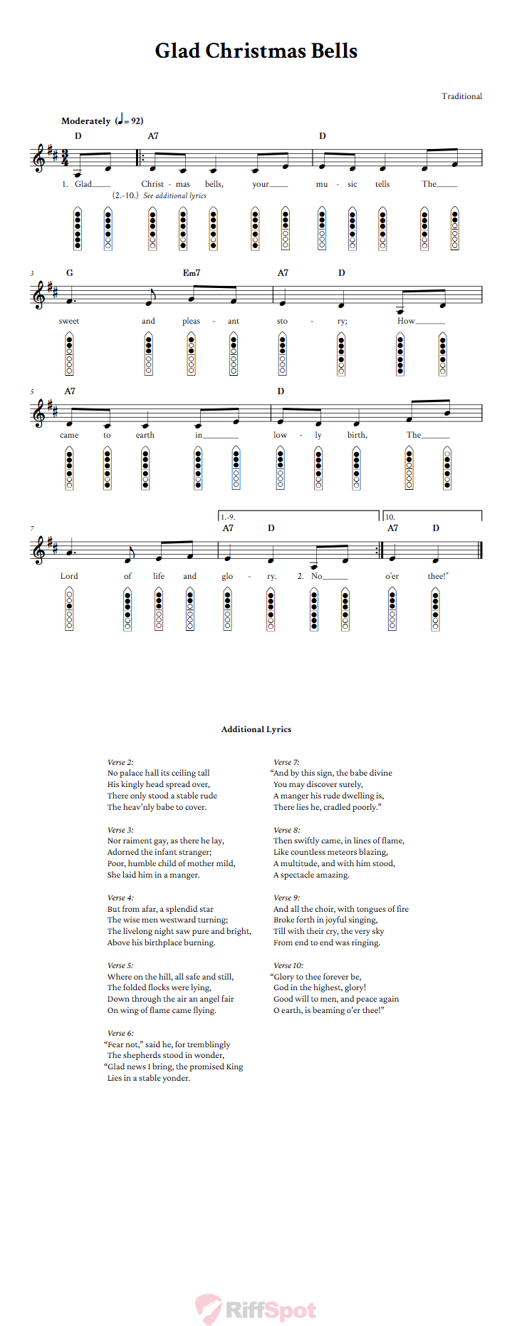 Glad Christmas Bells 6-Hole Native American Flute Sheet Music and Tab (Fingering Diagrams)
