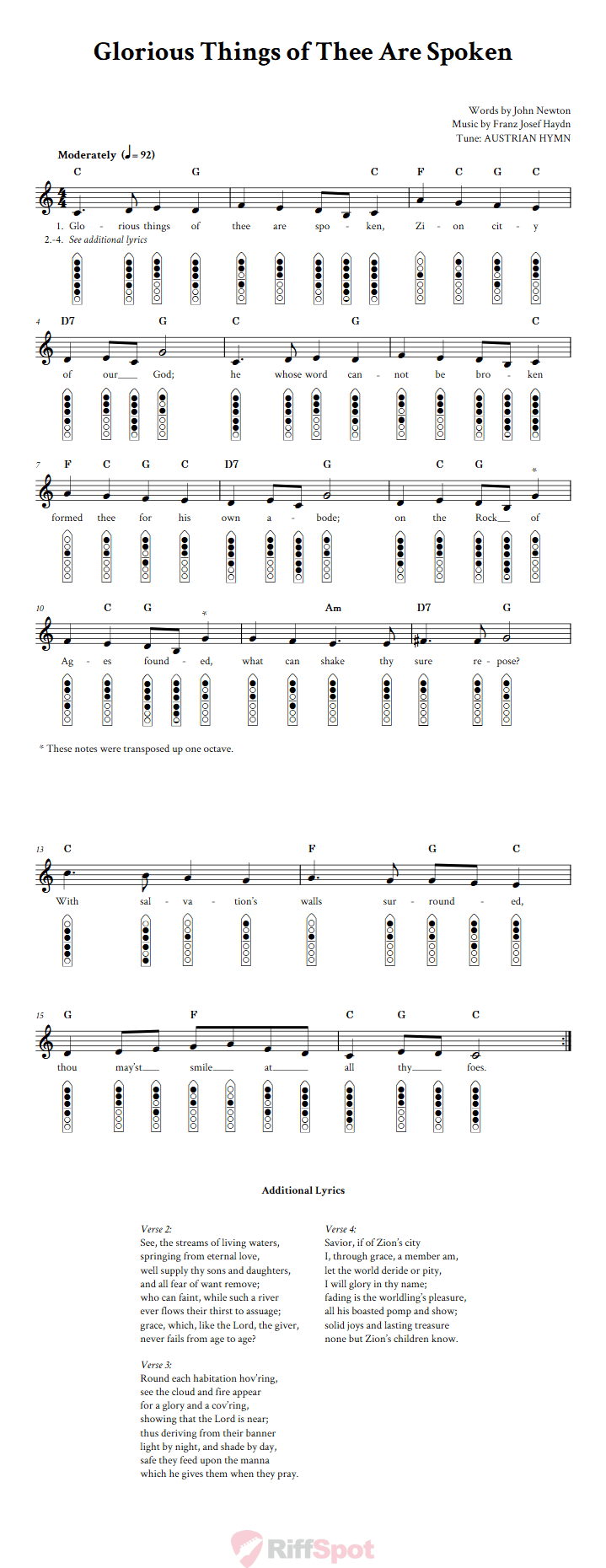 Glorious Things of Thee Are Spoken 6-Hole Native American Flute Sheet Music and Tab (Fingering Diagrams)