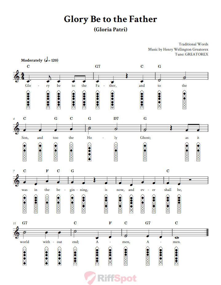 Glory Be to The Father 6-Hole Native American Flute Sheet Music and Tab (Fingering Diagrams)