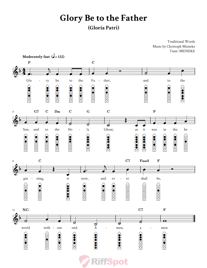 Glory Be to The Father 6-Hole Native American Flute Sheet Music and Tab (Fingering Diagrams)