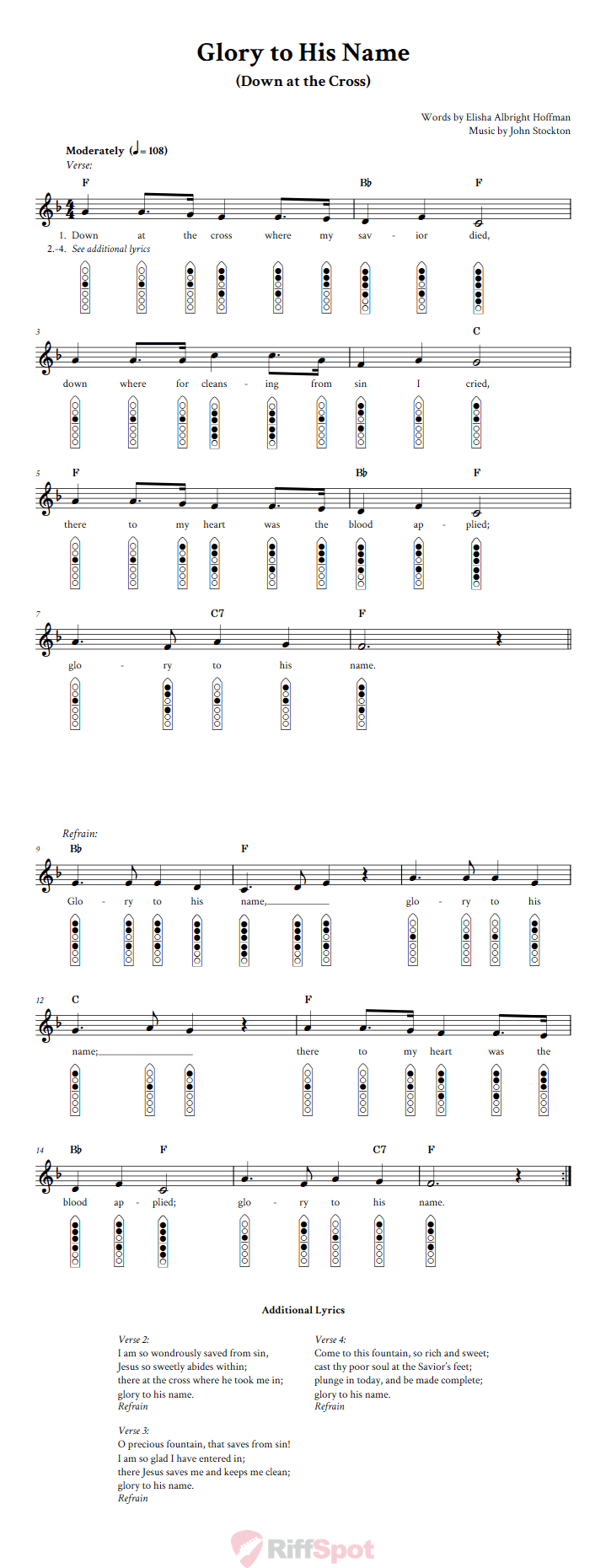 Glory to His Name 6-Hole Native American Flute Sheet Music and Tab (Fingering Diagrams)