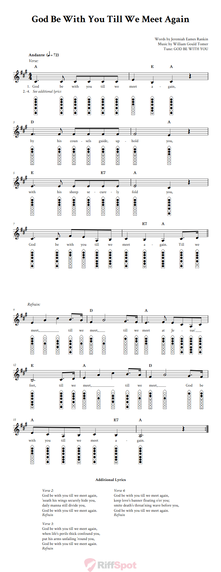 God Be with You Till We Meet Again 6-Hole Native American Flute Sheet Music and Tab (Fingering Diagrams)