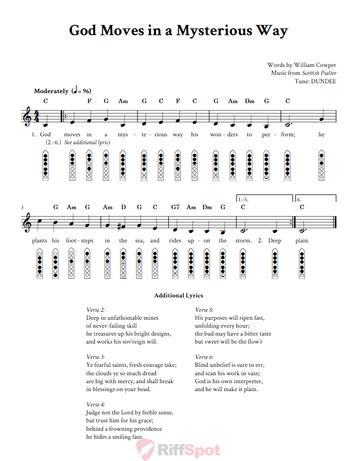 God Moves in a Mysterious Way 6-Hole Native American Flute Sheet Music and Tab (Fingering Diagrams)