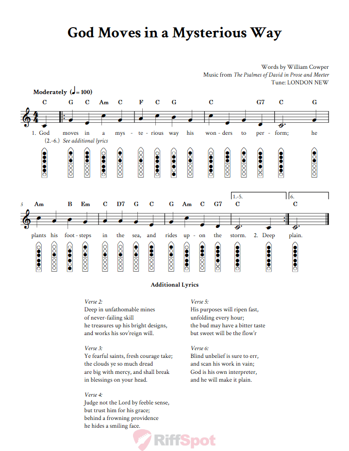 God Moves in a Mysterious Way 6-Hole Native American Flute Sheet Music and Tab (Fingering Diagrams)
