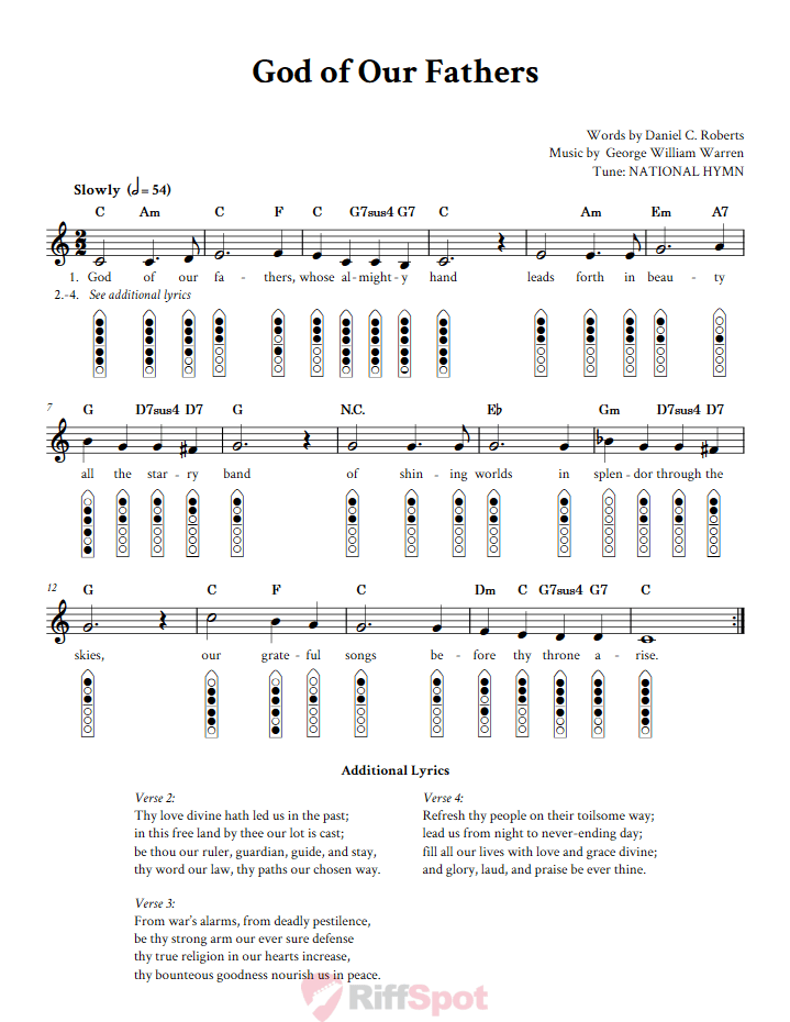 God of Our Fathers 6-Hole Native American Flute Sheet Music and Tab (Fingering Diagrams)