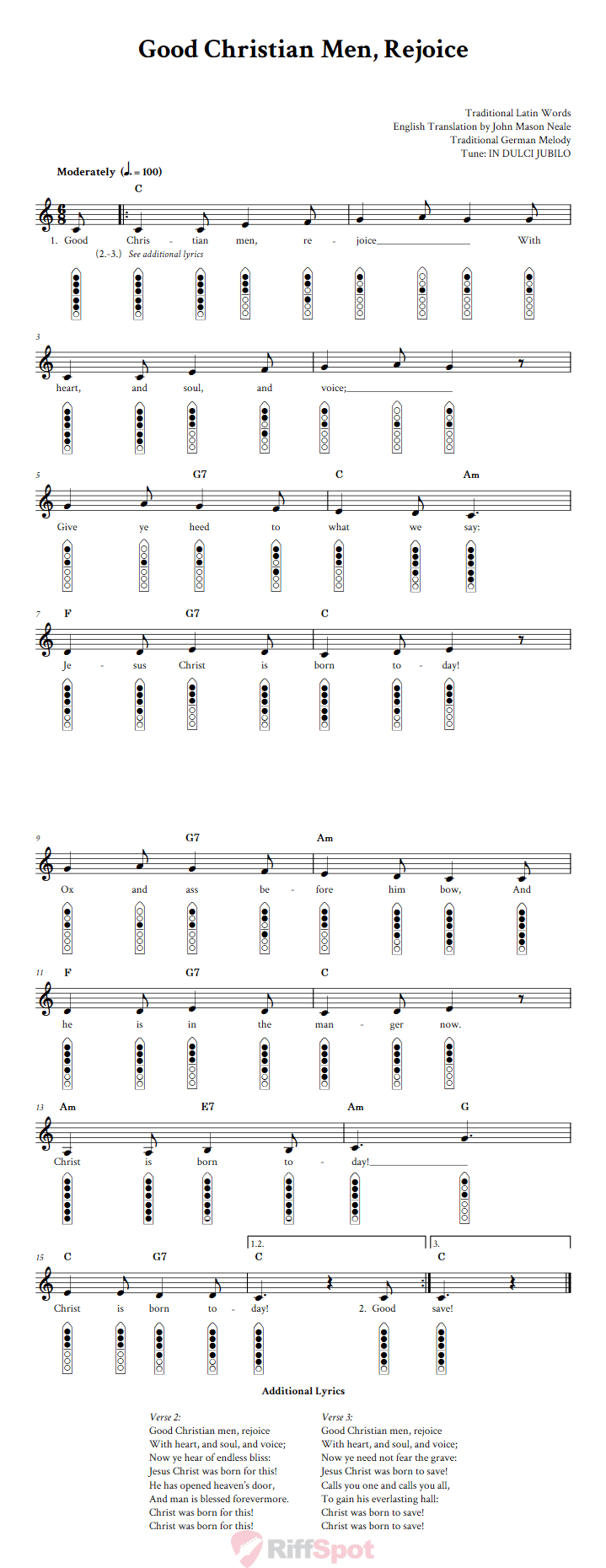 Good Christian Men Rejoice 6-Hole Native American Flute Sheet Music and Tab (Fingering Diagrams)
