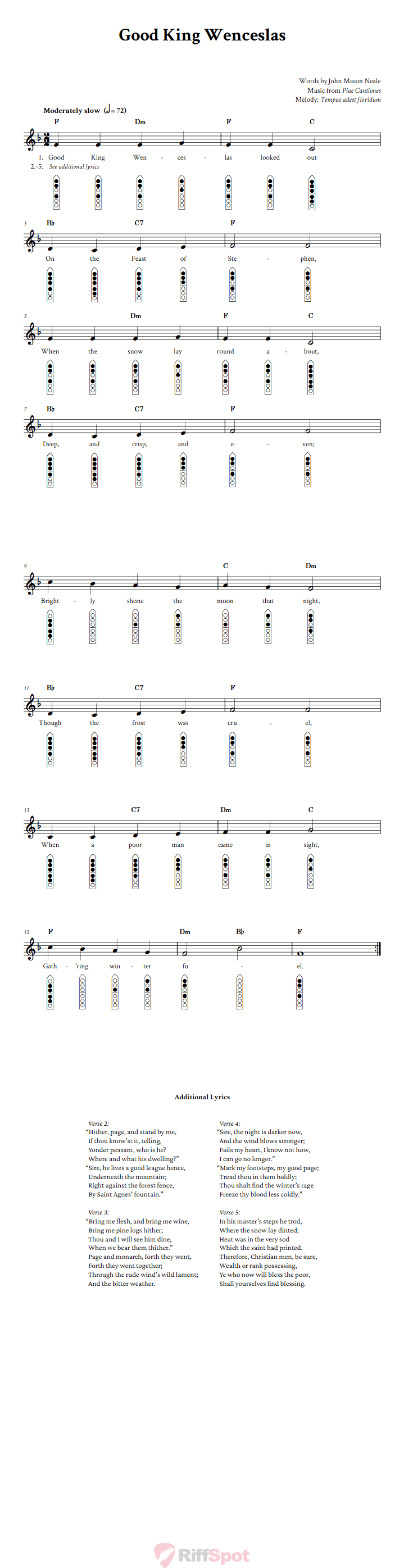 Good King Wenceslas 6-Hole Native American Flute Sheet Music and Tab (Fingering Diagrams)