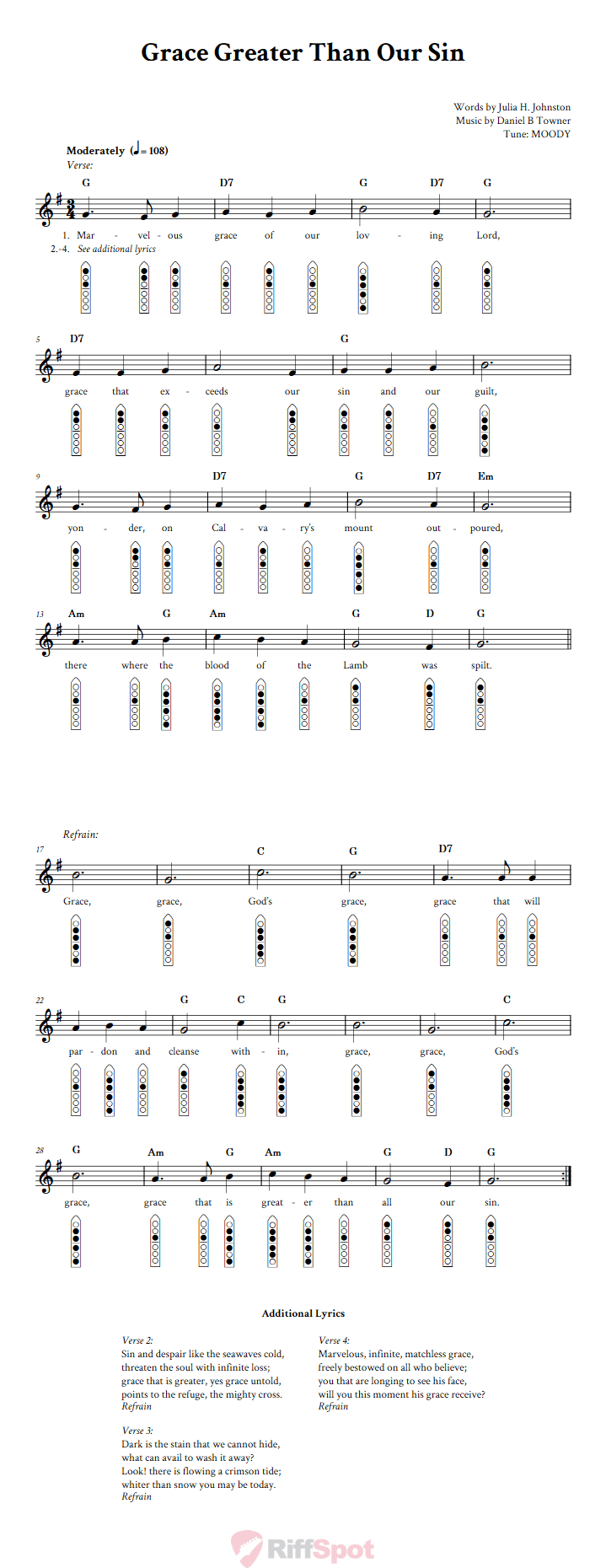 Grace Greater Than Our Sin 6-Hole Native American Flute Sheet Music and Tab (Fingering Diagrams)