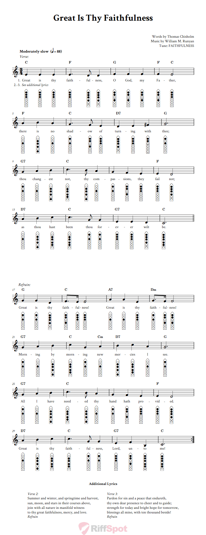 Great Is Thy Faithfulness 6-Hole Native American Flute Sheet Music and Tab (Fingering Diagrams)