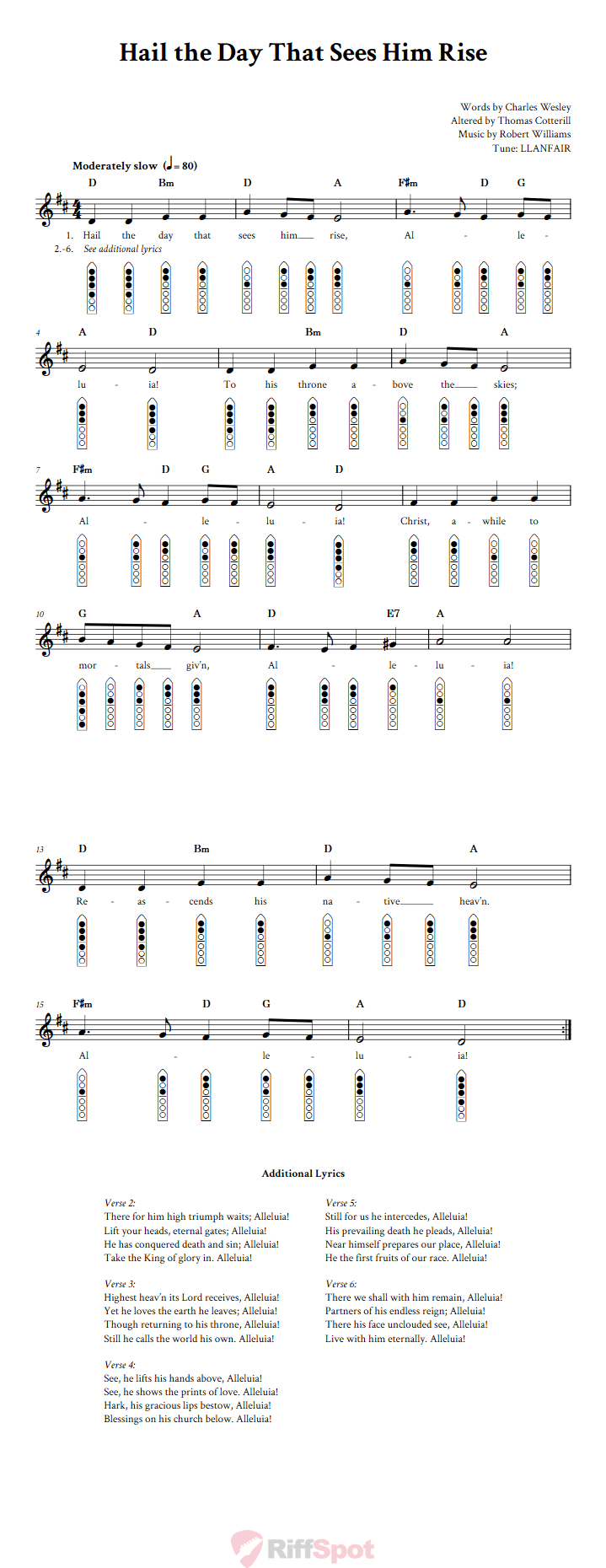 Hail the Day That Sees Him Rise 6-Hole Native American Flute Sheet Music and Tab (Fingering Diagrams)