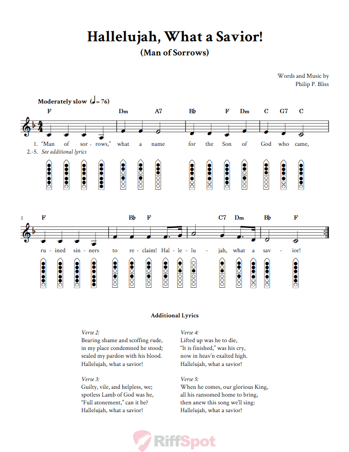 Hallelujah, What a Savior! 6-Hole Native American Flute Sheet Music and Tab (Fingering Diagrams)