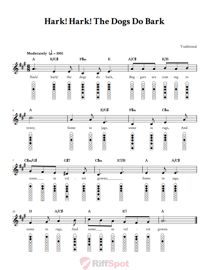 Hark, Hark! the Dogs Do Bark 6-Hole Native American Flute Sheet Music and Tab (Fingering Diagrams)