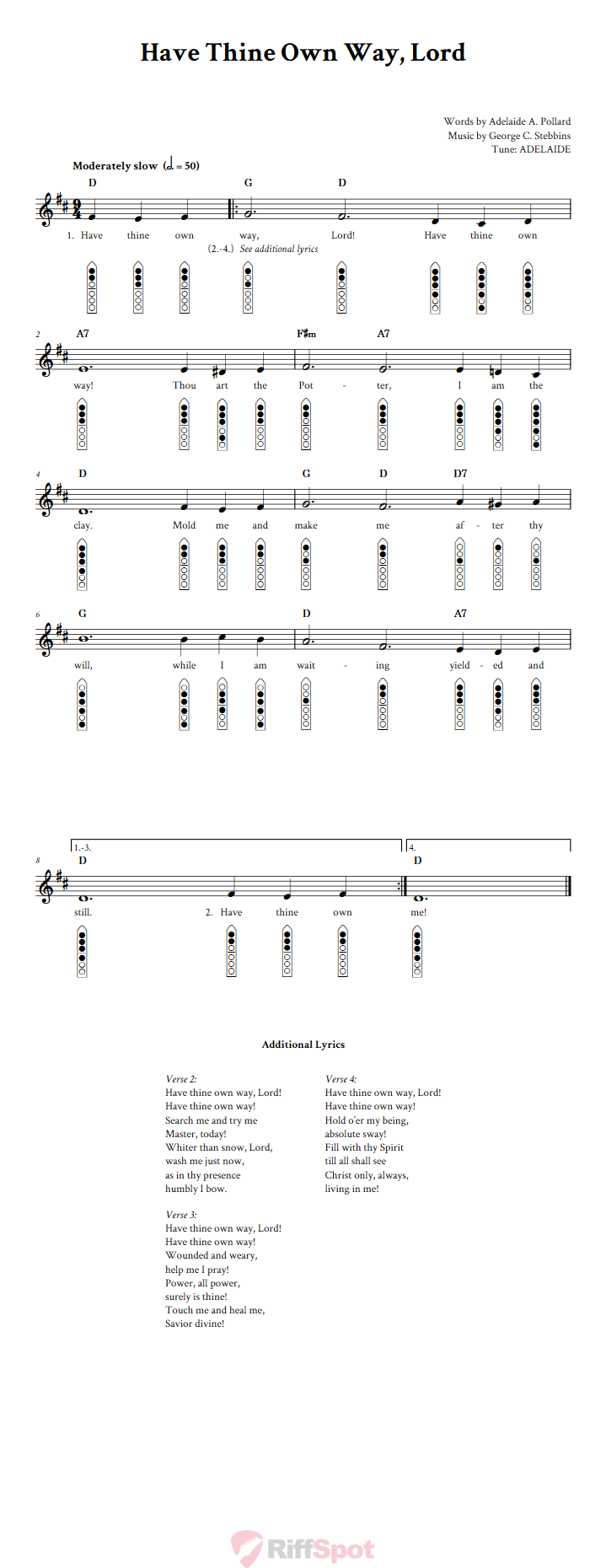 Have Thine Own Way, Lord 6-Hole Native American Flute Sheet Music and Tab (Fingering Diagrams)