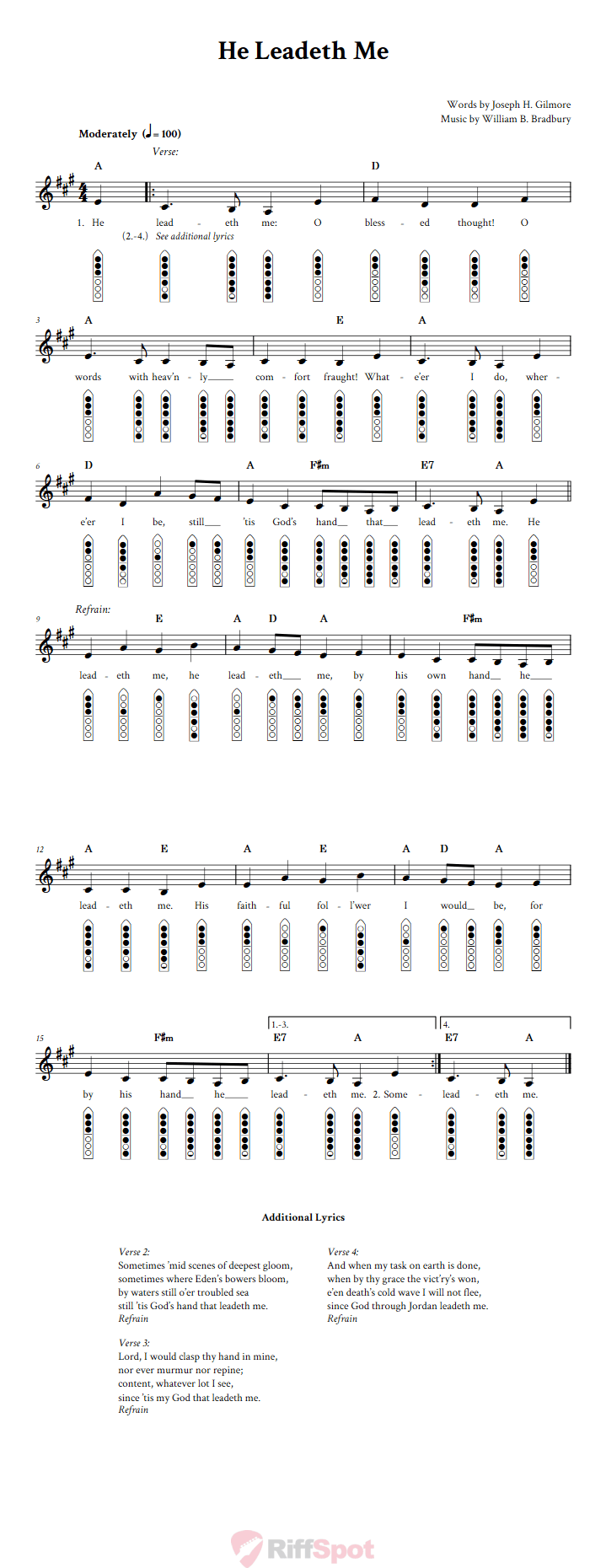 He Leadeth Me 6-Hole Native American Flute Sheet Music and Tab (Fingering Diagrams)