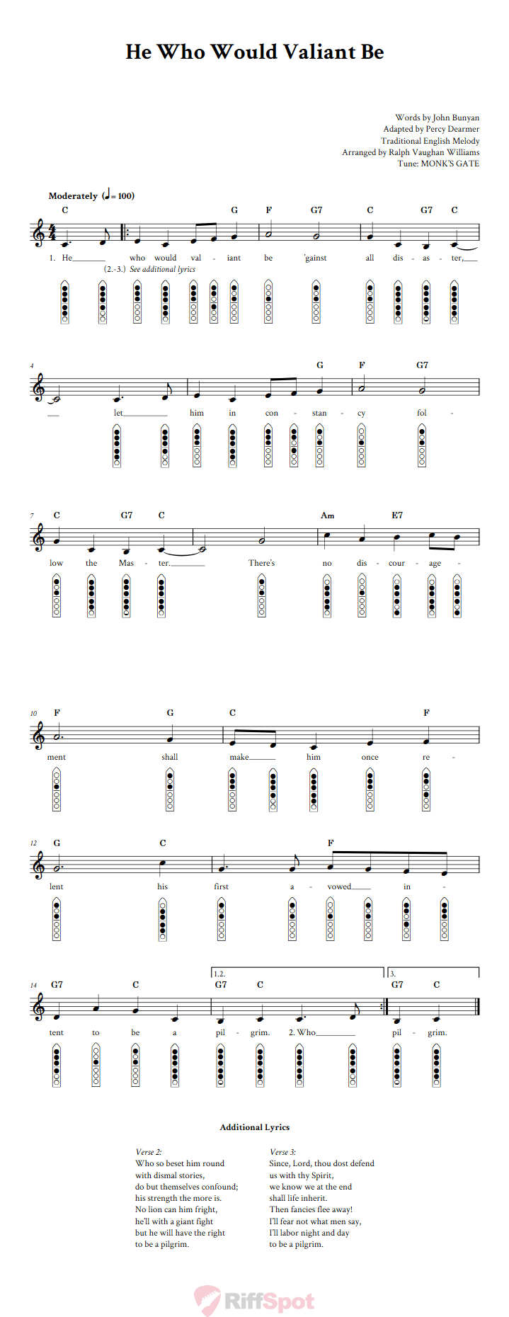 He Who Would Valiant Be 6-Hole Native American Flute Sheet Music and Tab (Fingering Diagrams)