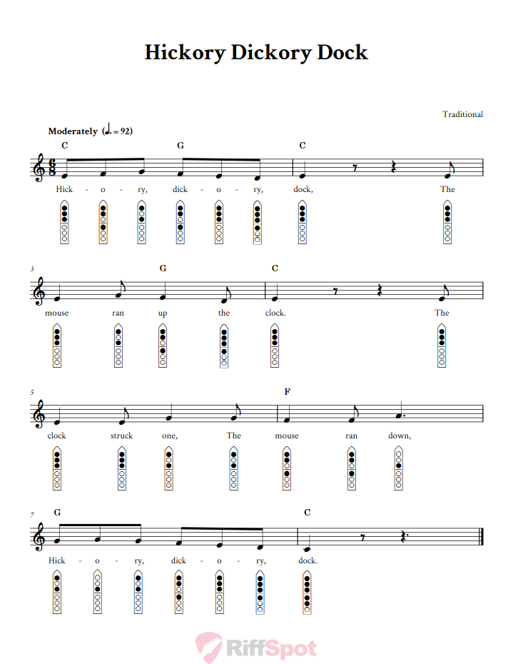 Hickory Dickory Dock 6-Hole Native American Flute Sheet Music and Tab (Fingering Diagrams)