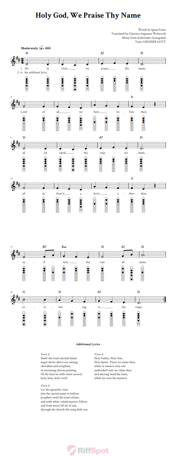 Holy God, We Praise Thy Name 6-Hole Native American Flute Sheet Music and Tab (Fingering Diagrams)