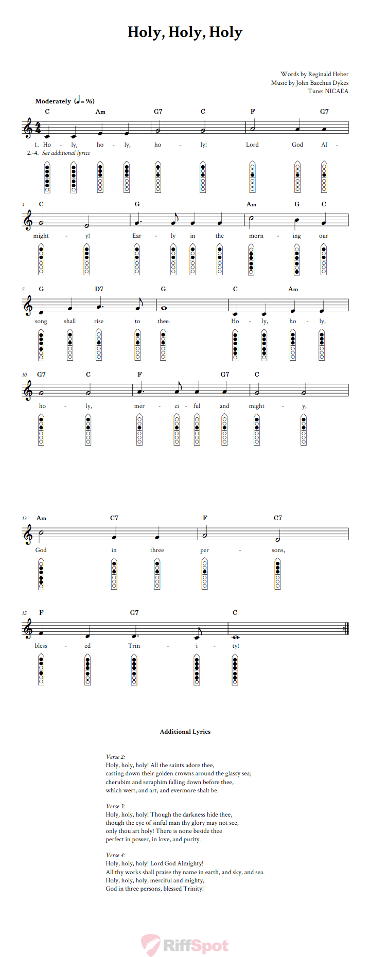 Holy, Holy, Holy 6-Hole Native American Flute Sheet Music and Tab (Fingering Diagrams)