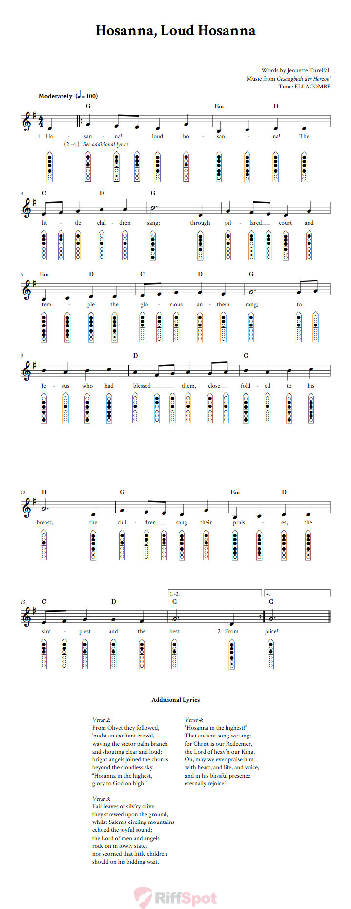 Hosanna, Loud Hosanna 6-Hole Native American Flute Sheet Music and Tab (Fingering Diagrams)