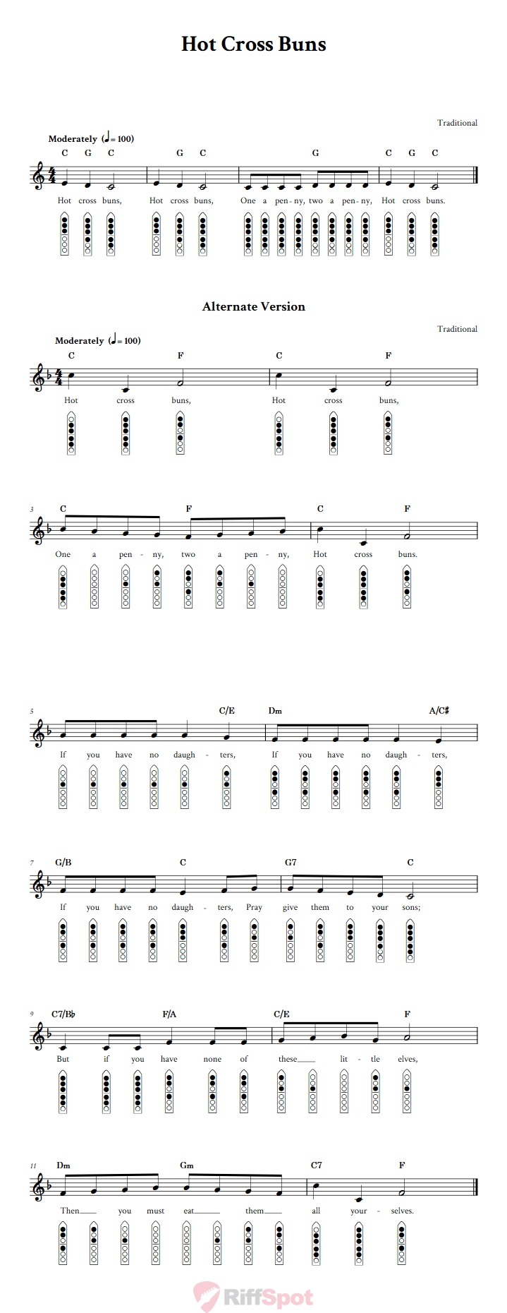 Hot Cross Buns 6-Hole Native American Flute Sheet Music and Tab (Fingering Diagrams)
