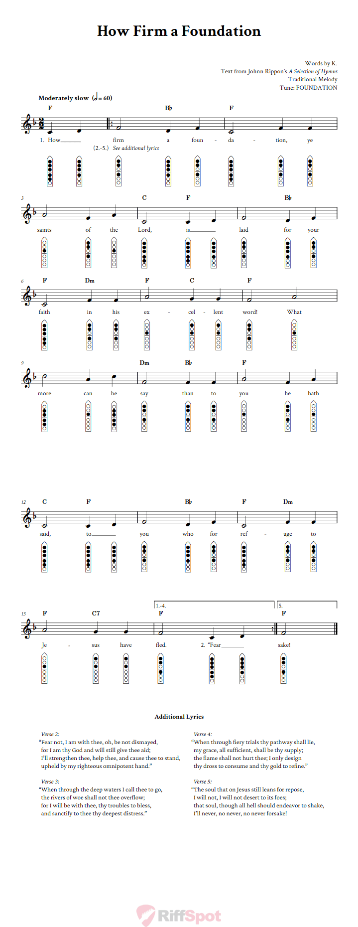 How Firm a Foundation 6-Hole Native American Flute Sheet Music and Tab (Fingering Diagrams)