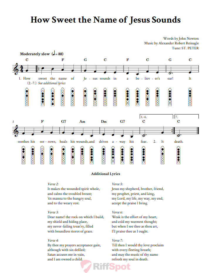 How Sweet the Name of Jesus Sounds 6-Hole Native American Flute Sheet Music and Tab (Fingering Diagrams)