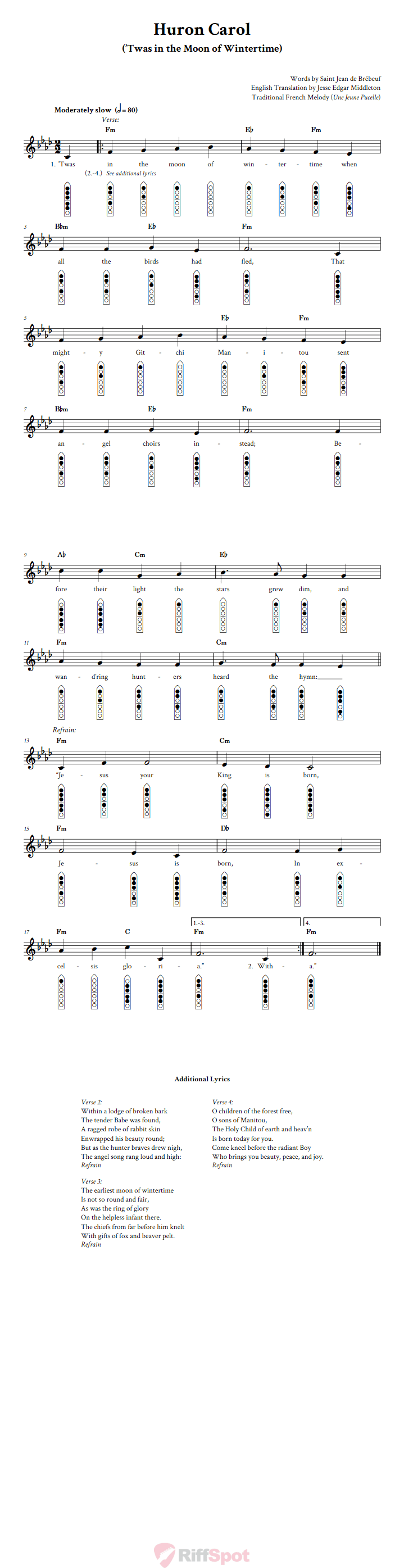 Huron Carol 6-Hole Native American Flute Sheet Music and Tab (Fingering Diagrams)