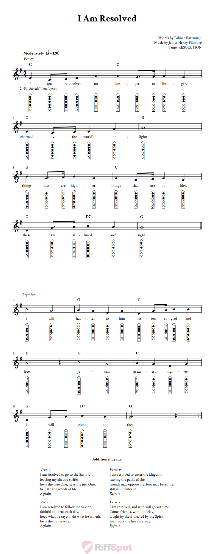 I Am Resolved 6-Hole Native American Flute Sheet Music and Tab (Fingering Diagrams)