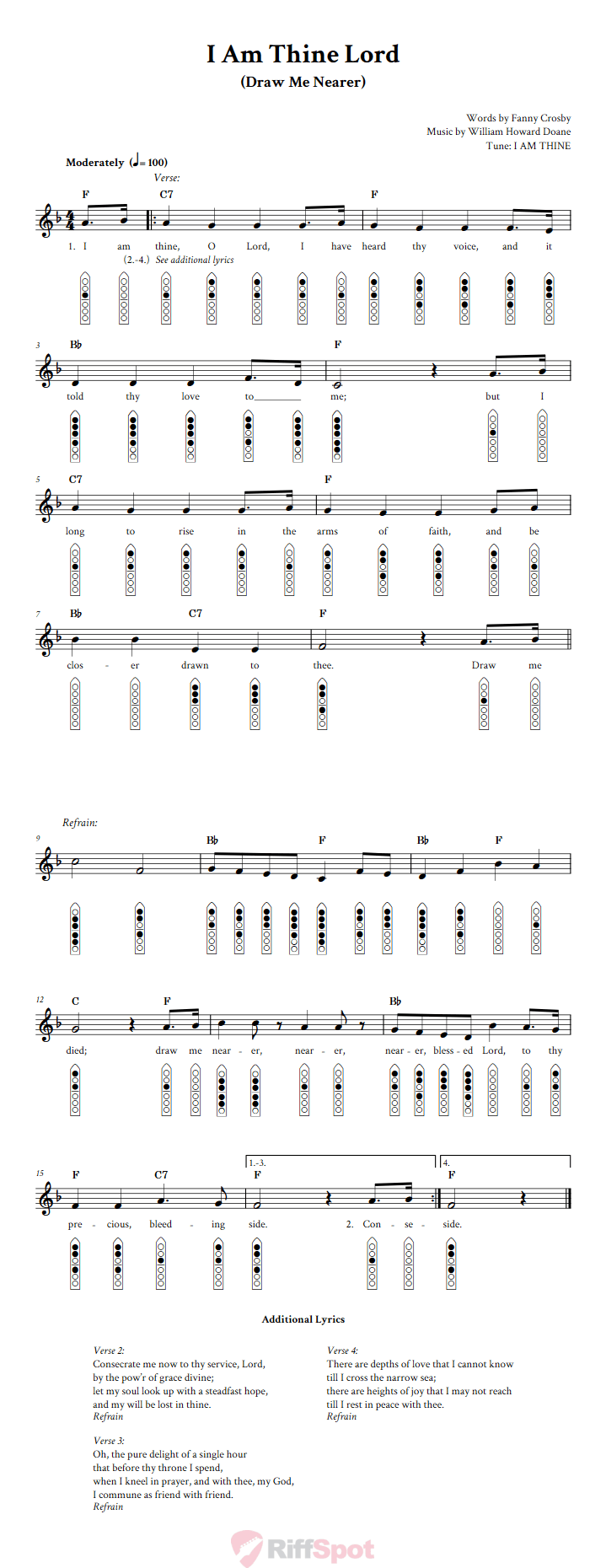 I Am Thine, O Lord 6-Hole Native American Flute Sheet Music and Tab (Fingering Diagrams)