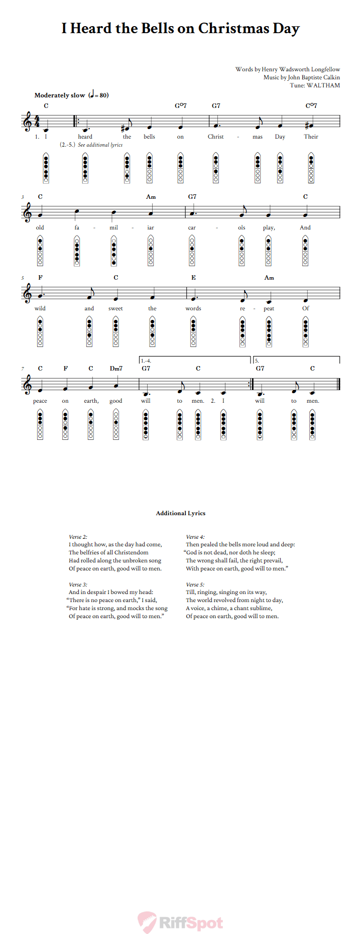 I Heard the Bells on Christmas Day 6-Hole Native American Flute Sheet Music and Tab (Fingering Diagrams)