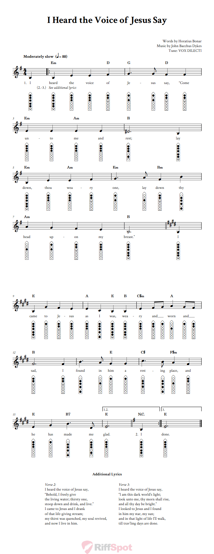 I Heard the Voice of Jesus Say 6-Hole Native American Flute Sheet Music and Tab (Fingering Diagrams)