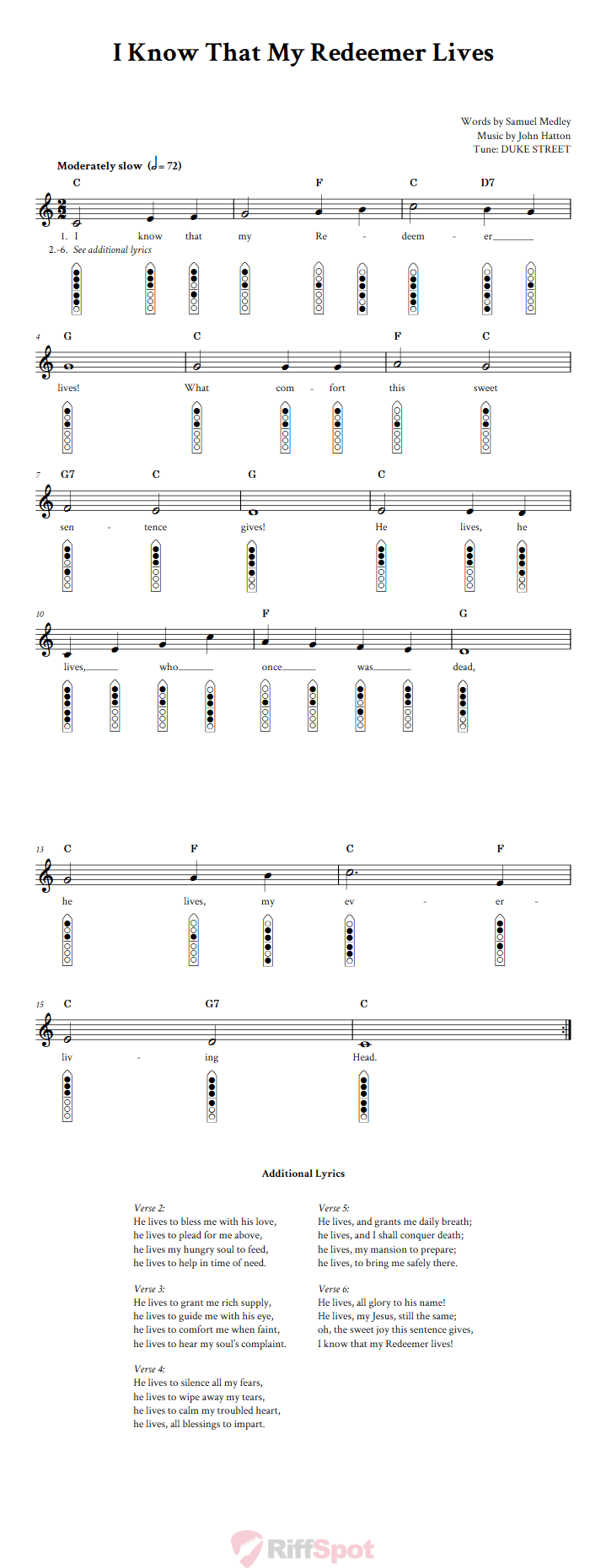 I Know That My Redeemer Lives 6-Hole Native American Flute Sheet Music and Tab (Fingering Diagrams)