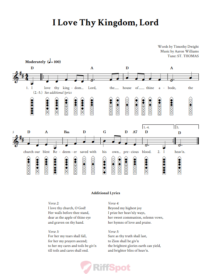 I Love Thy Kingdom, Lord 6-Hole Native American Flute Sheet Music and Tab (Fingering Diagrams)