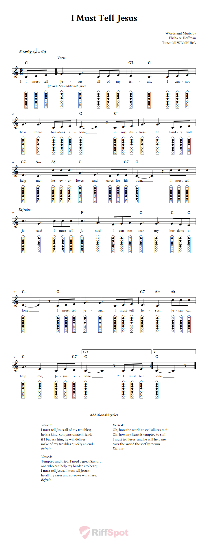 I Must Tell Jesus 6-Hole Native American Flute Sheet Music and Tab (Fingering Diagrams)