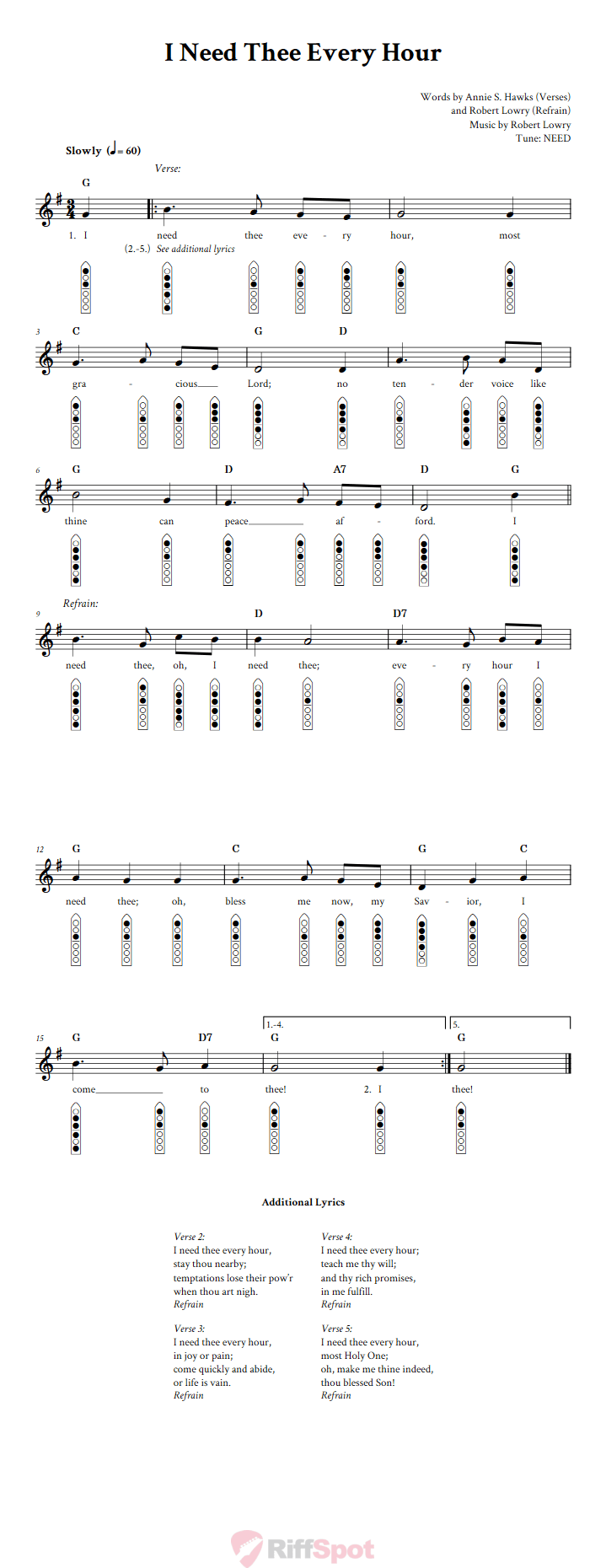 I Need Thee Every Hour 6-Hole Native American Flute Sheet Music and Tab (Fingering Diagrams)