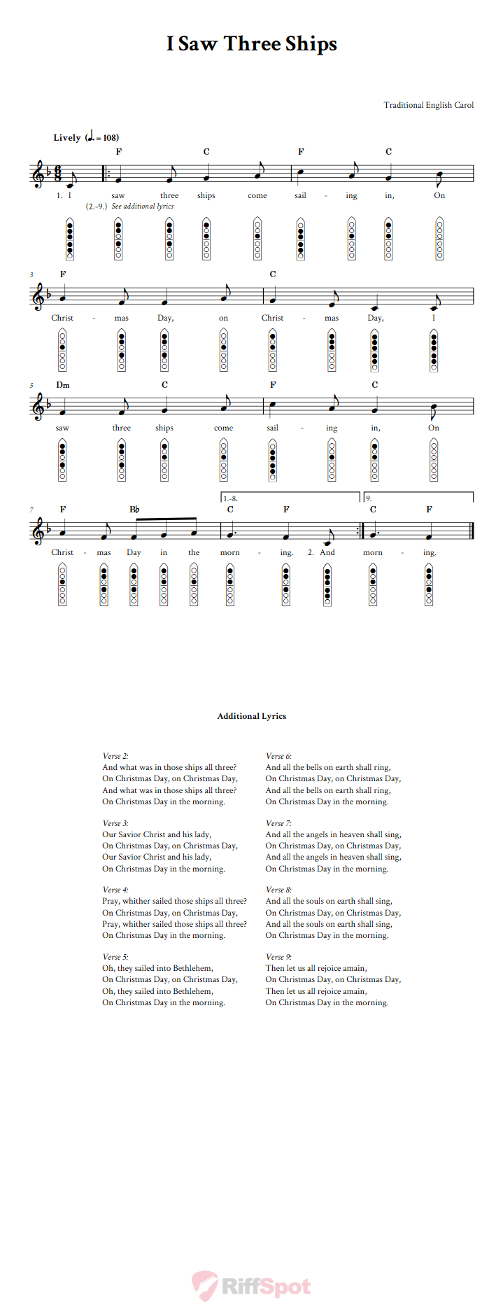 I Saw Three Ships 6-Hole Native American Flute Sheet Music and Tab (Fingering Diagrams)