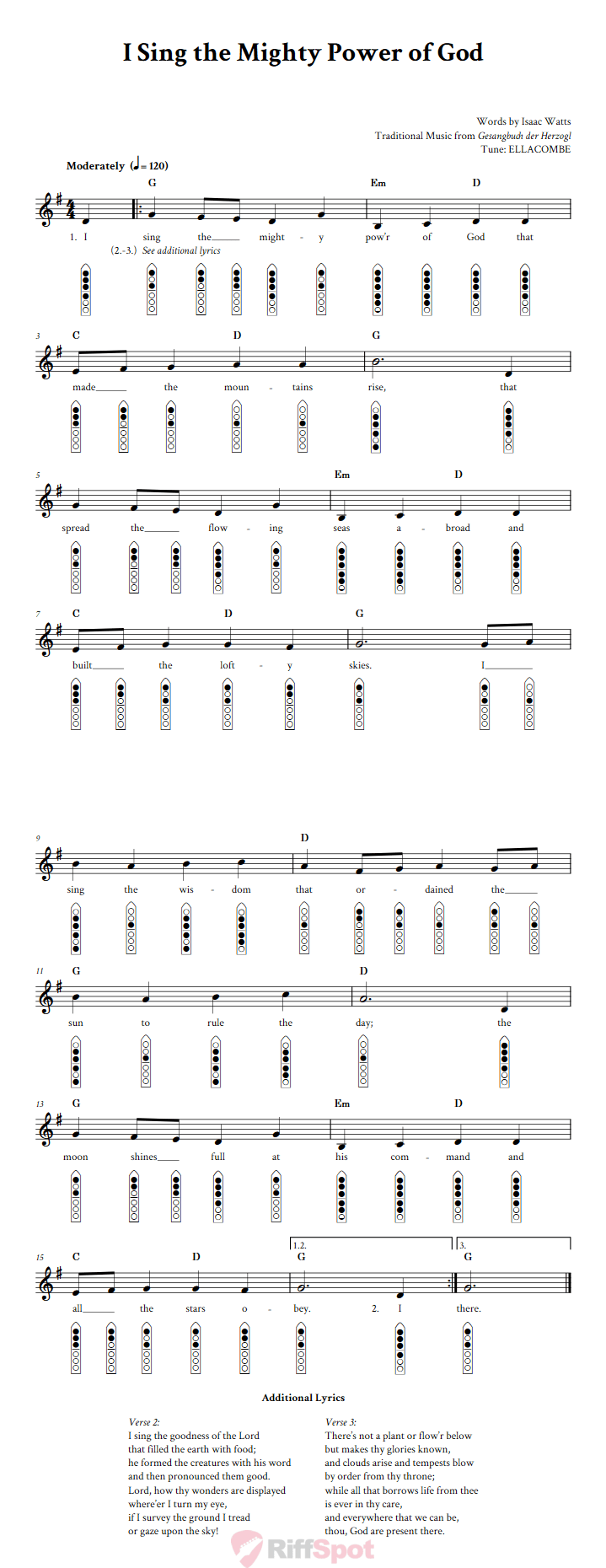 I Sing the Mighty Power of God 6-Hole Native American Flute Sheet Music and Tab (Fingering Diagrams)