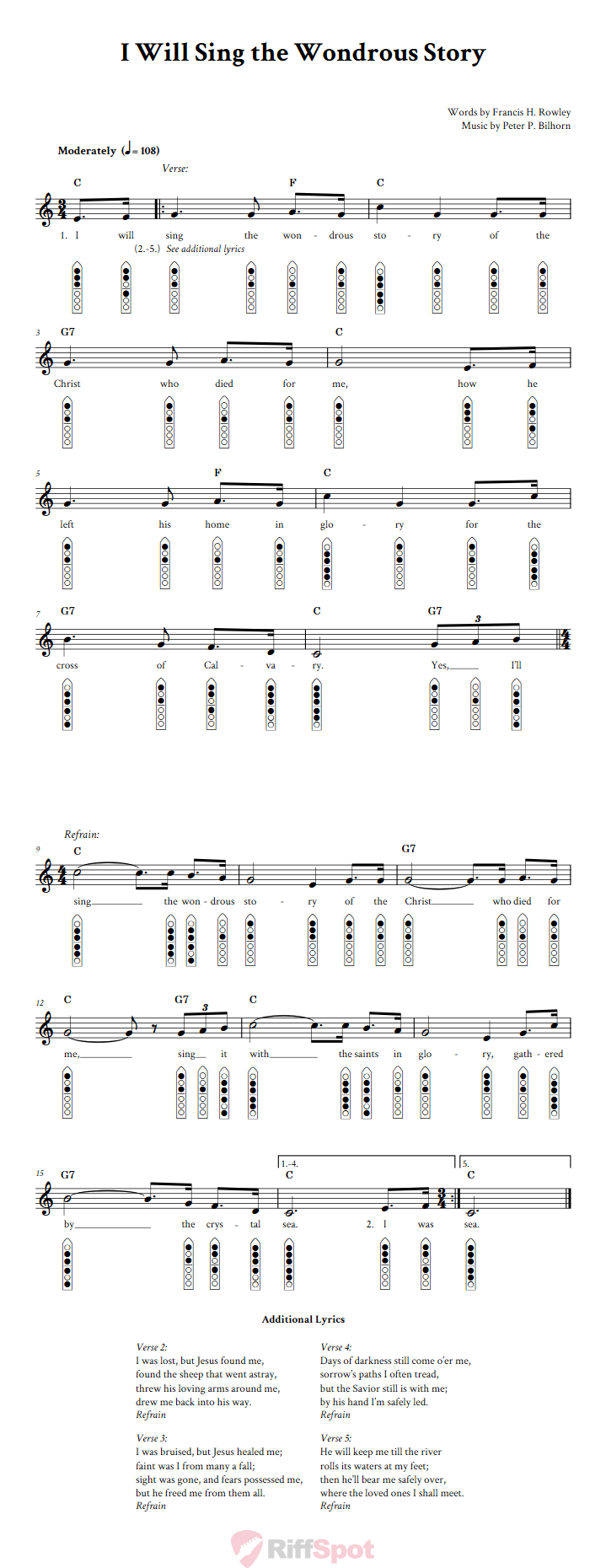 I Will Sing the Wondrous Story 6-Hole Native American Flute Sheet Music and Tab (Fingering Diagrams)