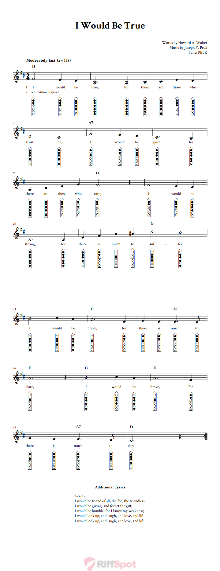 I Would Be True 6-Hole Native American Flute Sheet Music and Tab (Fingering Diagrams)