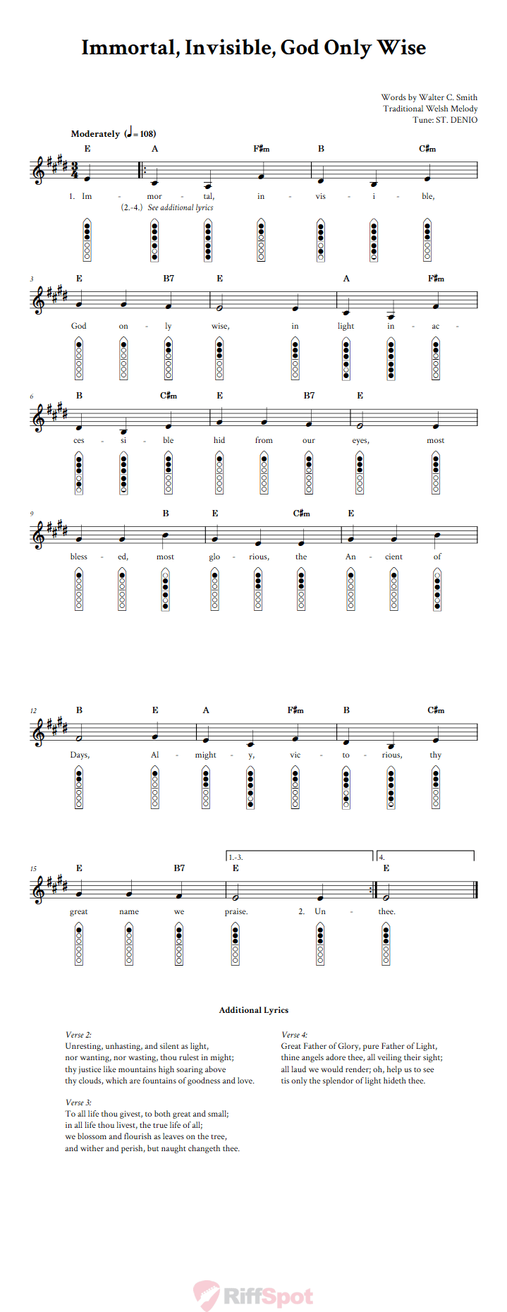 Immortal, Invisible, God Only Wise 6-Hole Native American Flute Sheet Music and Tab (Fingering Diagrams)