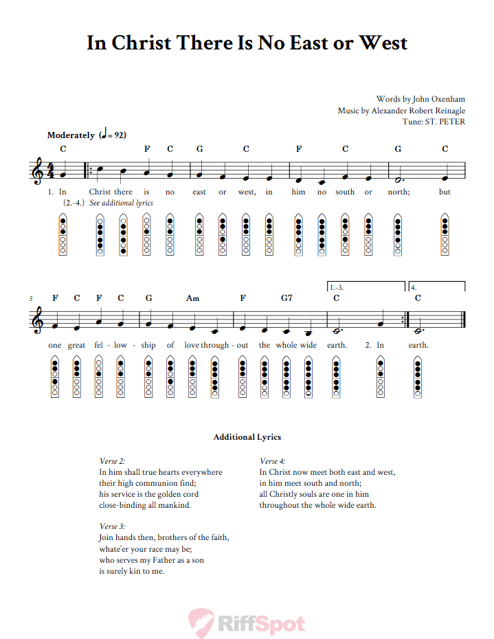 In Christ There Is No East or West 6-Hole Native American Flute Sheet Music and Tab (Fingering Diagrams)