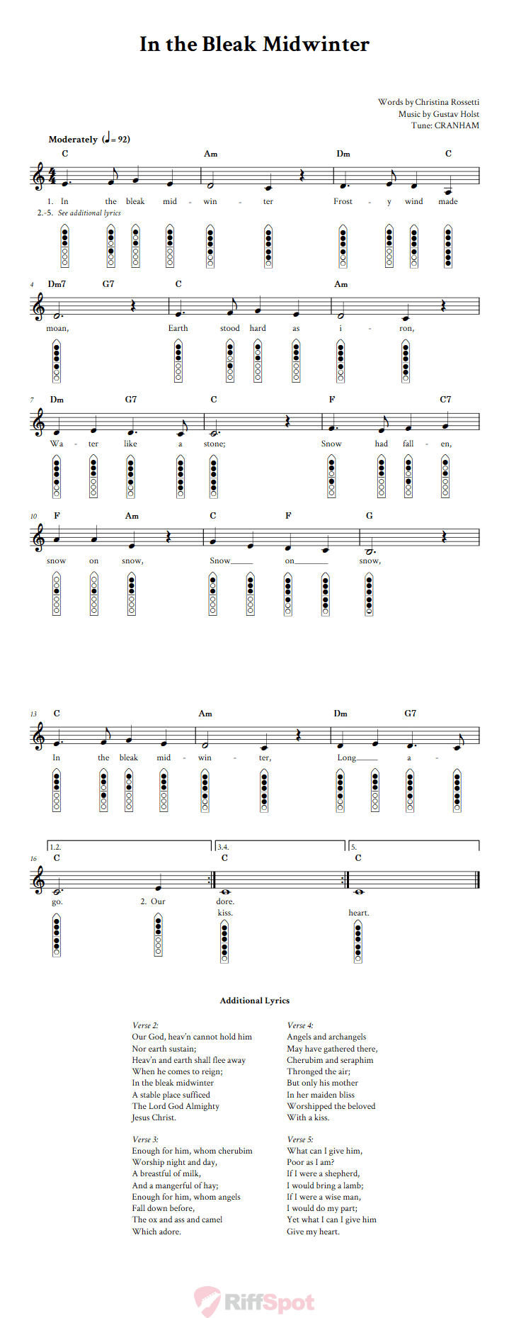 In the Bleak Midwinter 6-Hole Native American Flute Sheet Music and Tab (Fingering Diagrams)